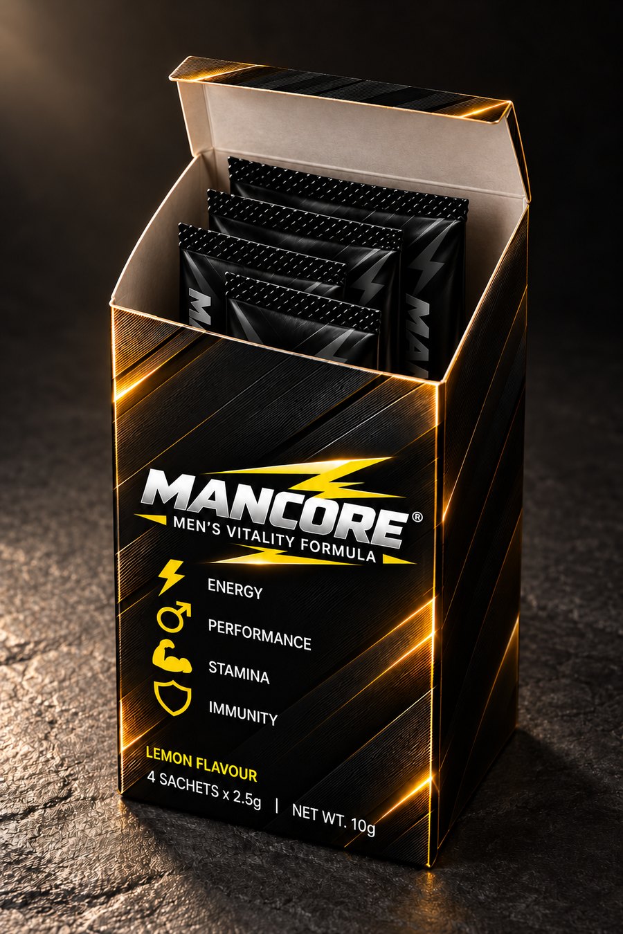 打开的 MANCORE® 外盒，内有独立条装